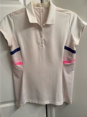 Nike Women's White Short Sleeve Polo with Pink & Navy Stripes